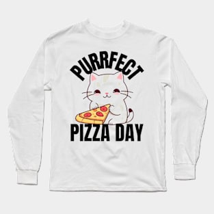 A Cat Enjoying a Purrfect Pizza Day Long Sleeve T-Shirt